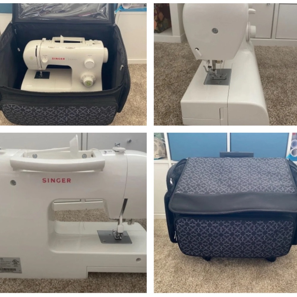 Singer White Sewing Machine with Black Patterned Carrying Case